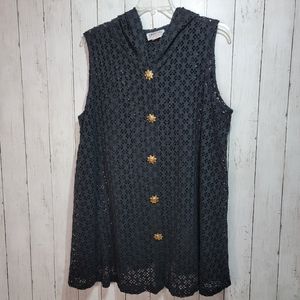 Vintage Impatiens Women's Black Hooded Swimsuit Cover Up Sun Buttons Size 22/24.